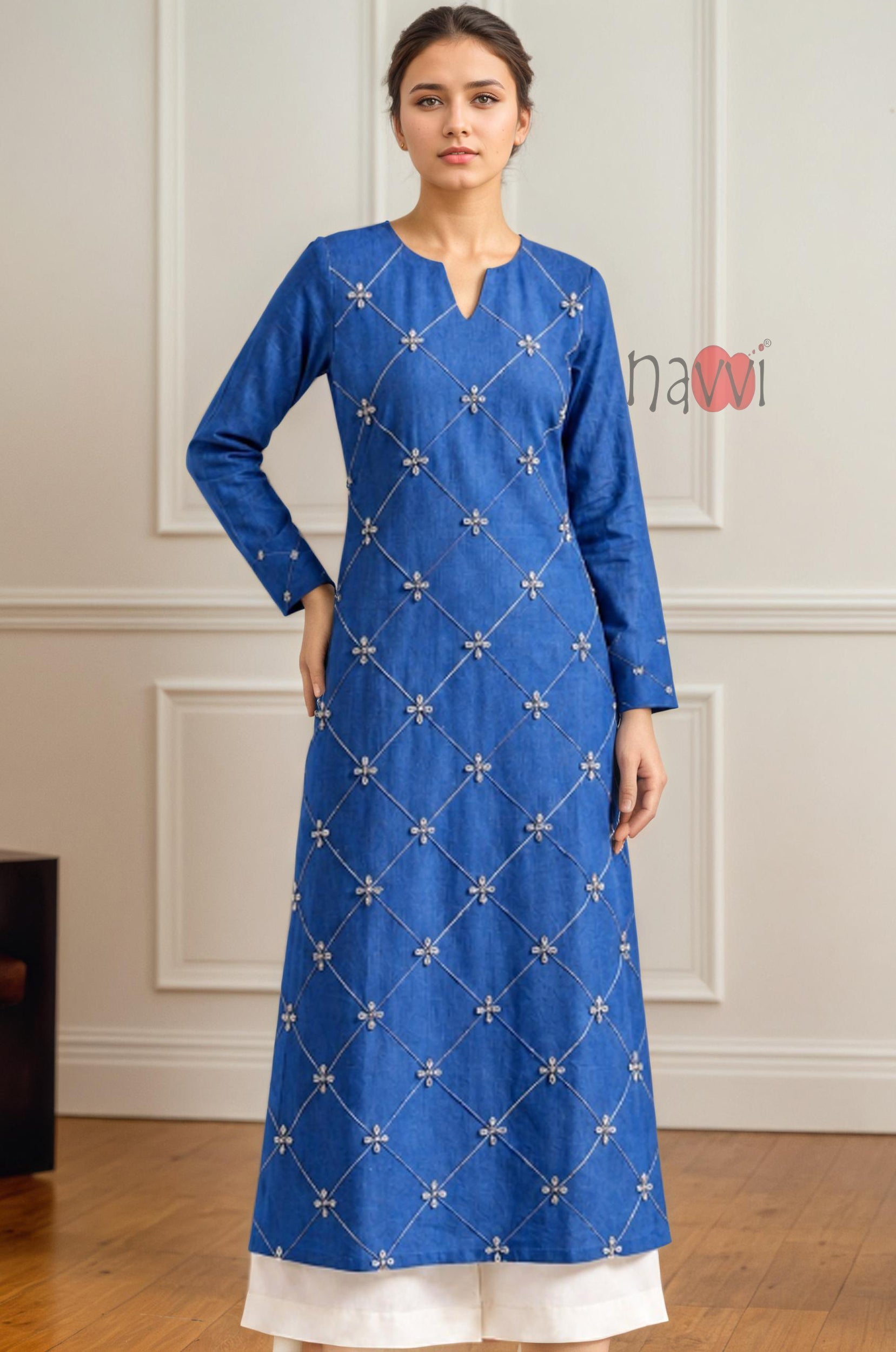 Royal Blue Diamond Embroidered Kurta Set