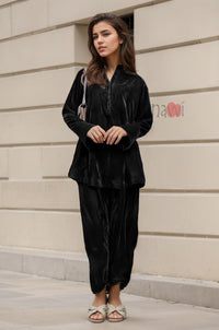 Black Velvet V-Neck Co-ord Set