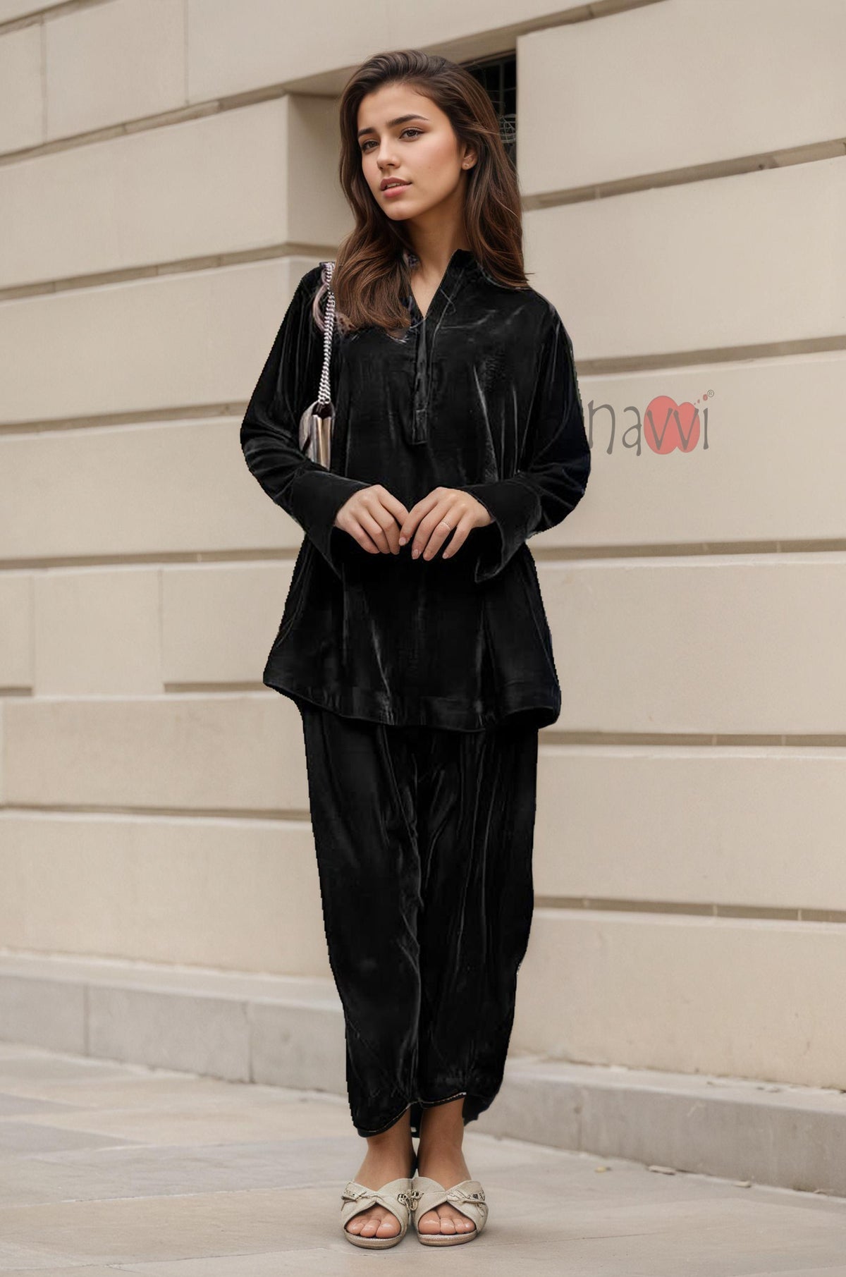 Black Velvet V-Neck Co-ord Set