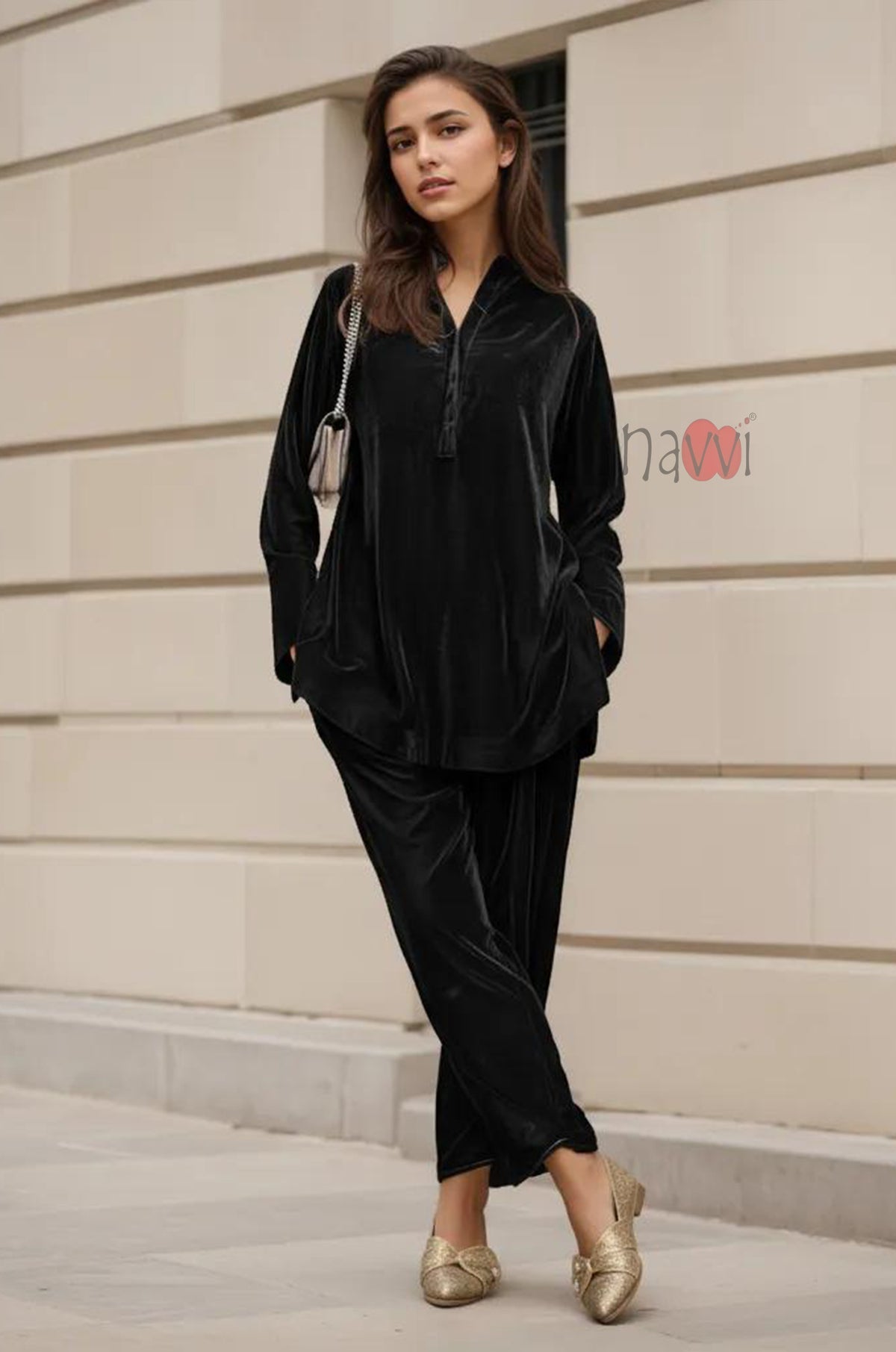 Black Velvet V-Neck Co-ord Set