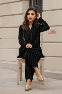 Black Velvet V-Neck Co-ord Set