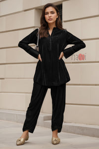 Black Velvet V-Neck Co-ord Set