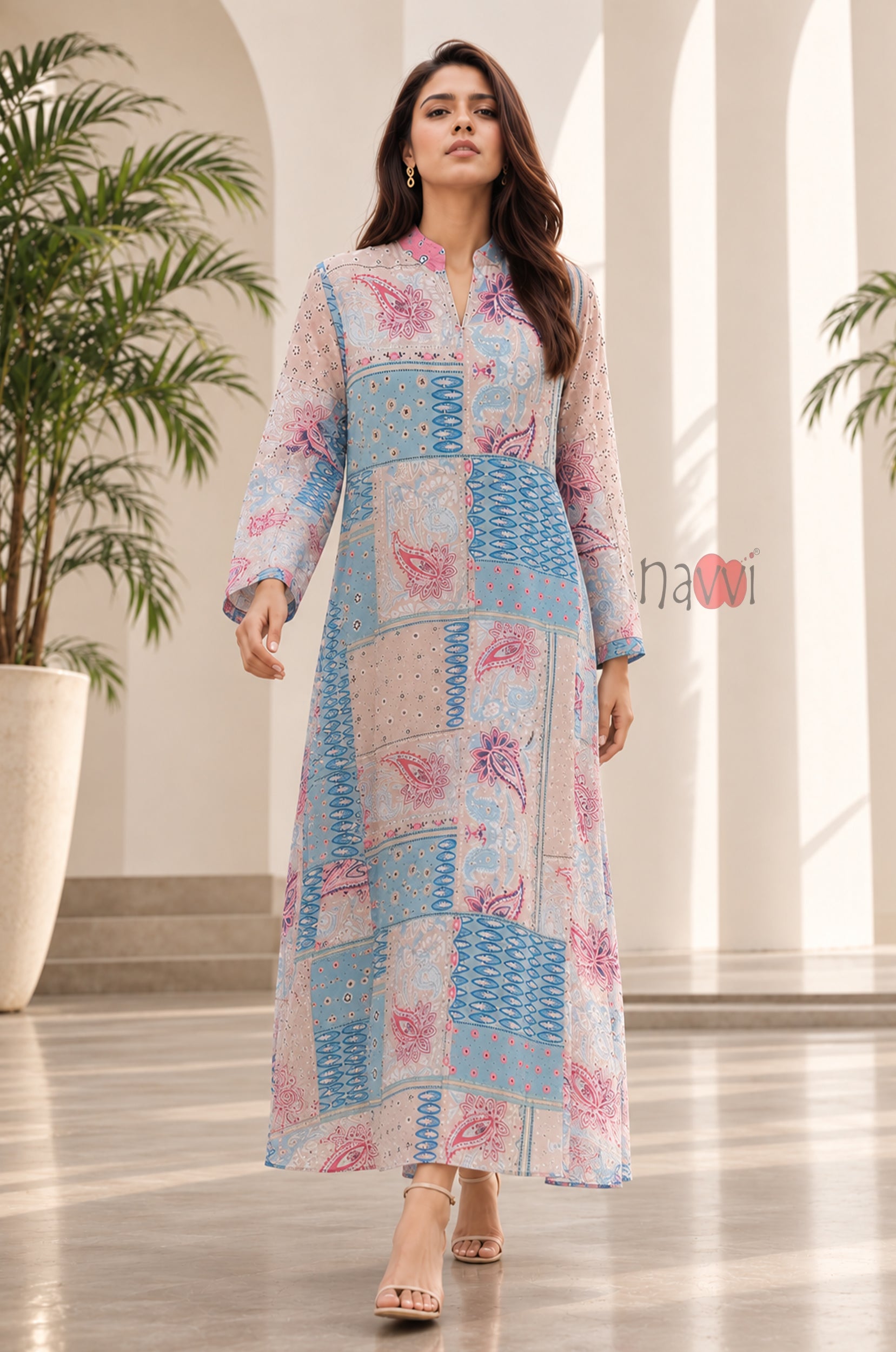 Azure Patchwork Printed Kaftan Dress