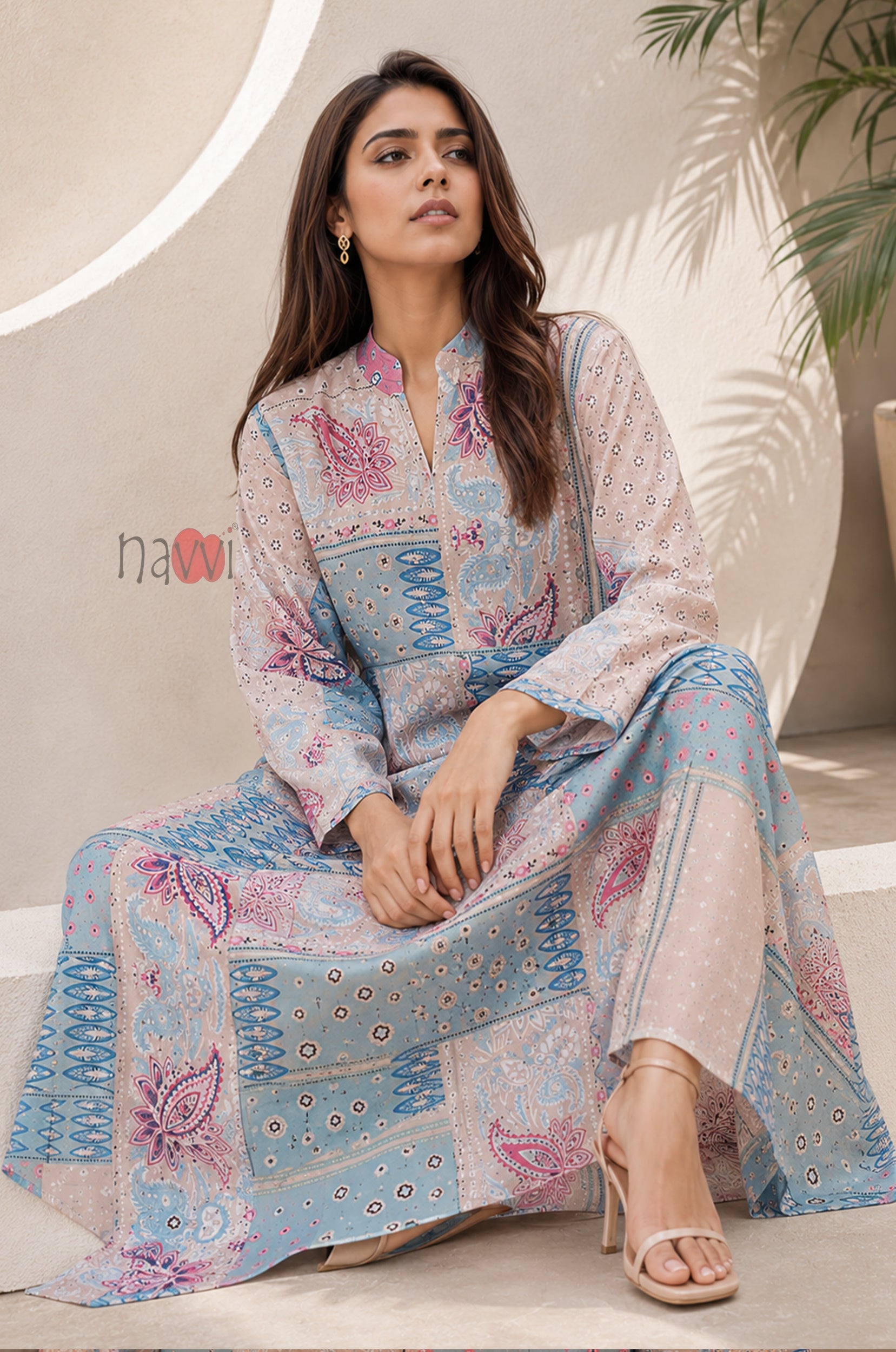 Azure Patchwork Printed Kaftan Dress