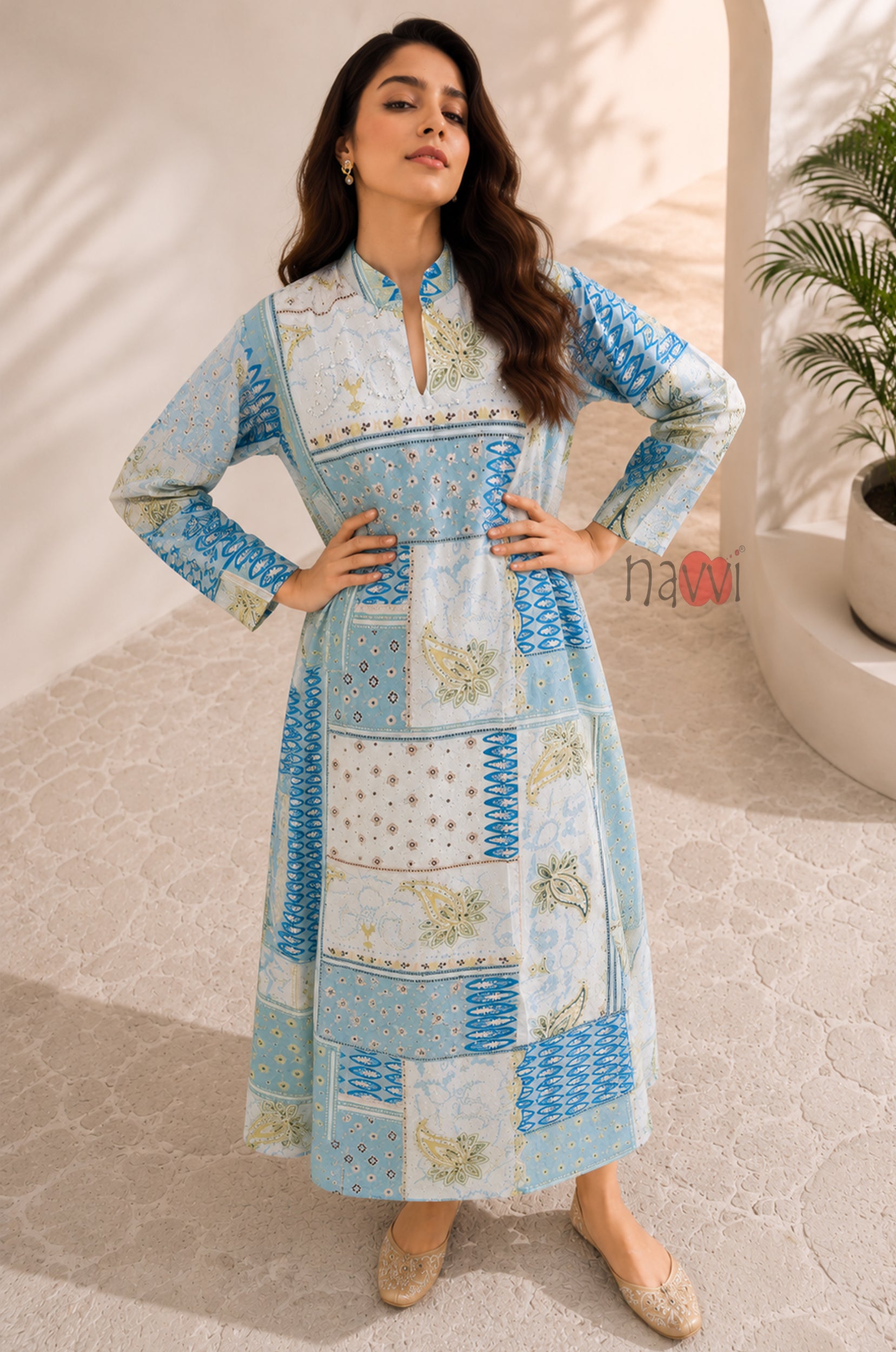 Azure Patchwork Printed Kaftan Dress