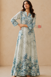 Azure Blossom Botanical Maxi Kaftan Dress - Navvi.in