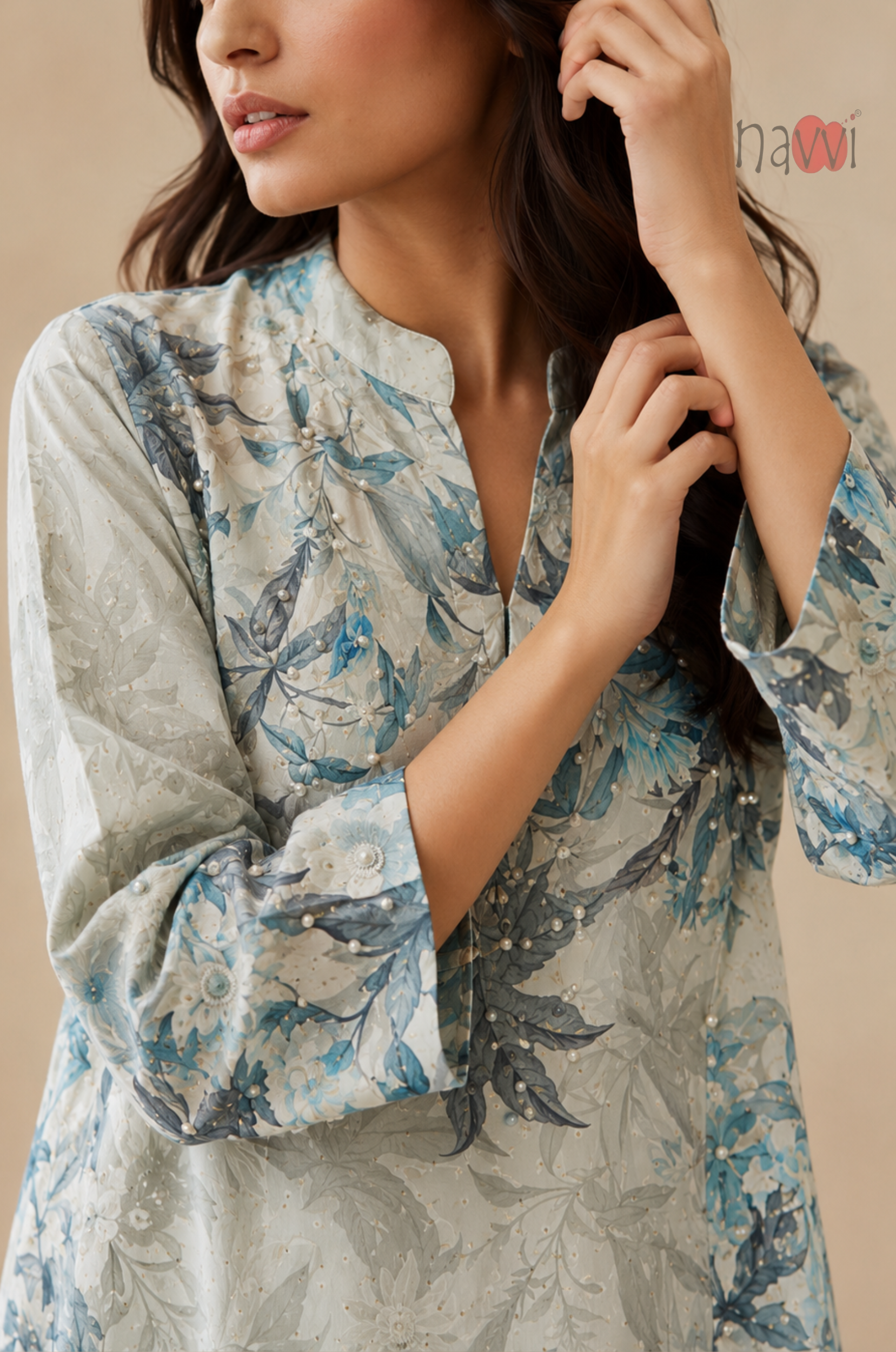 Azure Blossom Botanical Maxi Kaftan Dress - Navvi.in