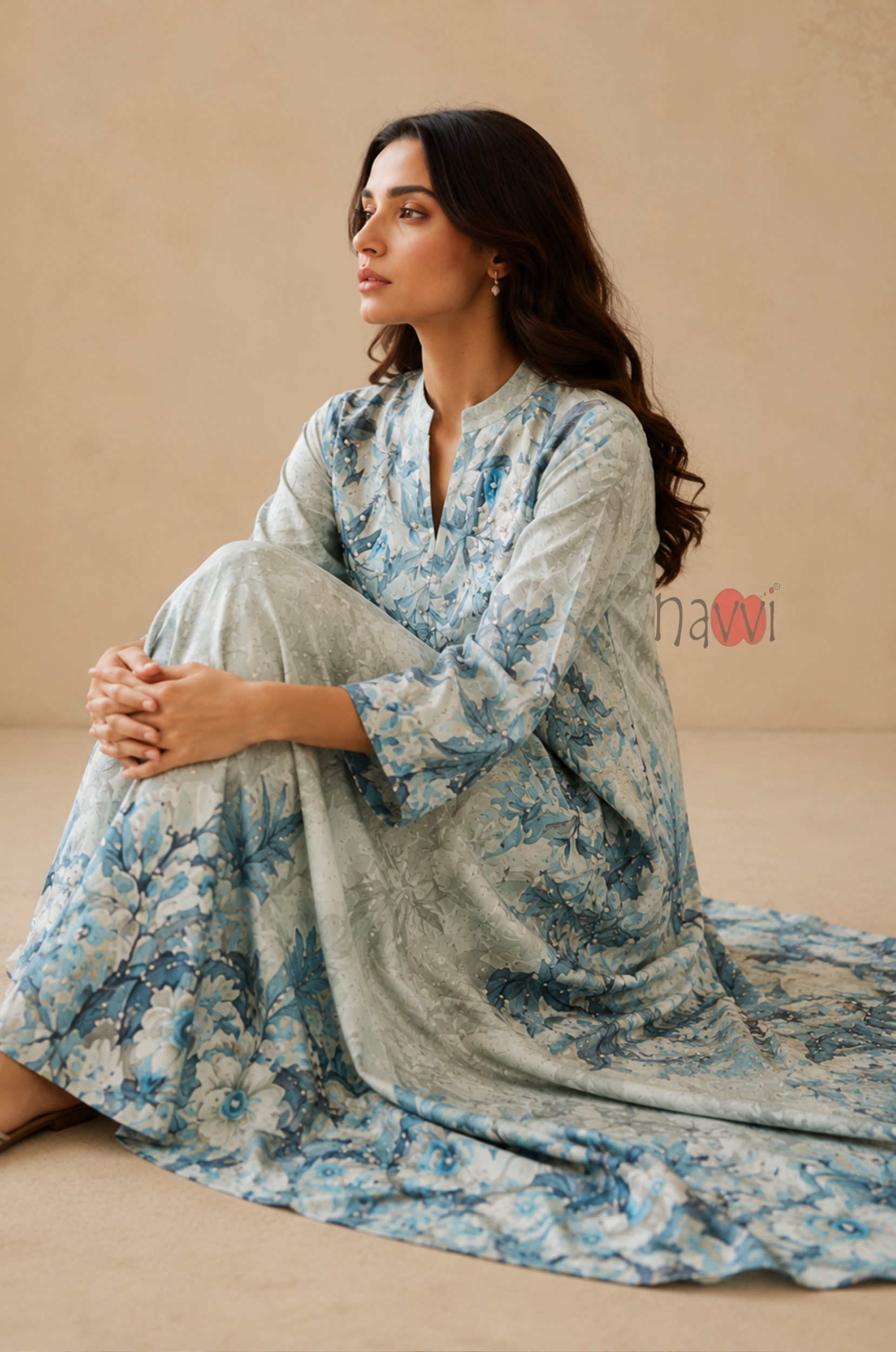 Azure Blossom Botanical Maxi Kaftan Dress - Navvi.in