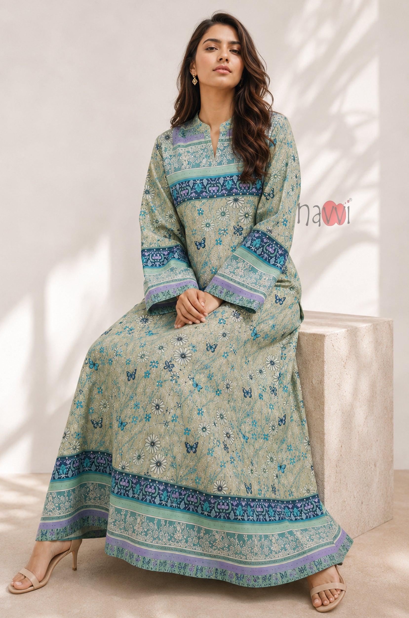 Sage Meadow Border Print Kaftan Dress