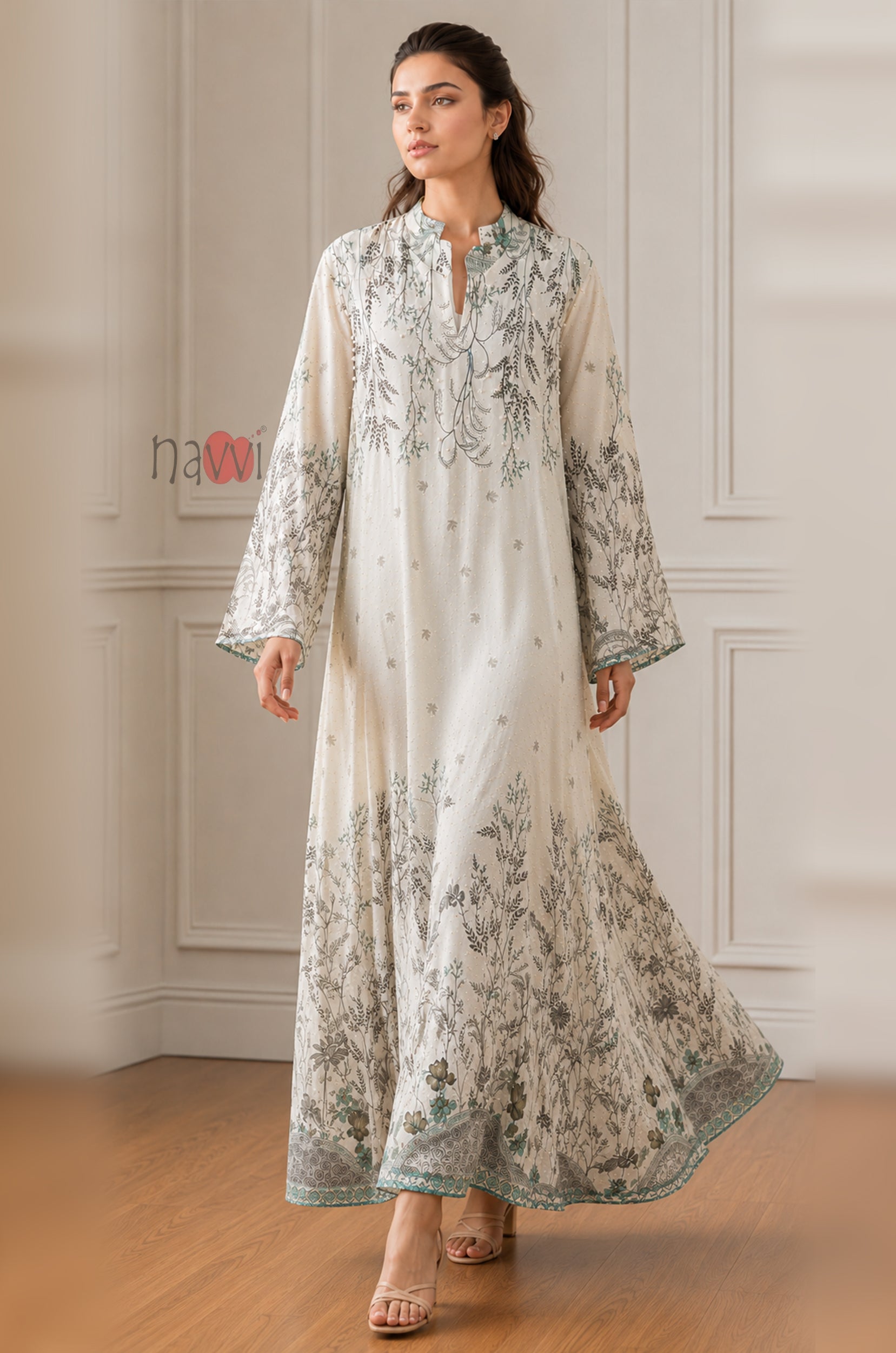 Ivory Whisper Botanical Elegance Kaftan Dress