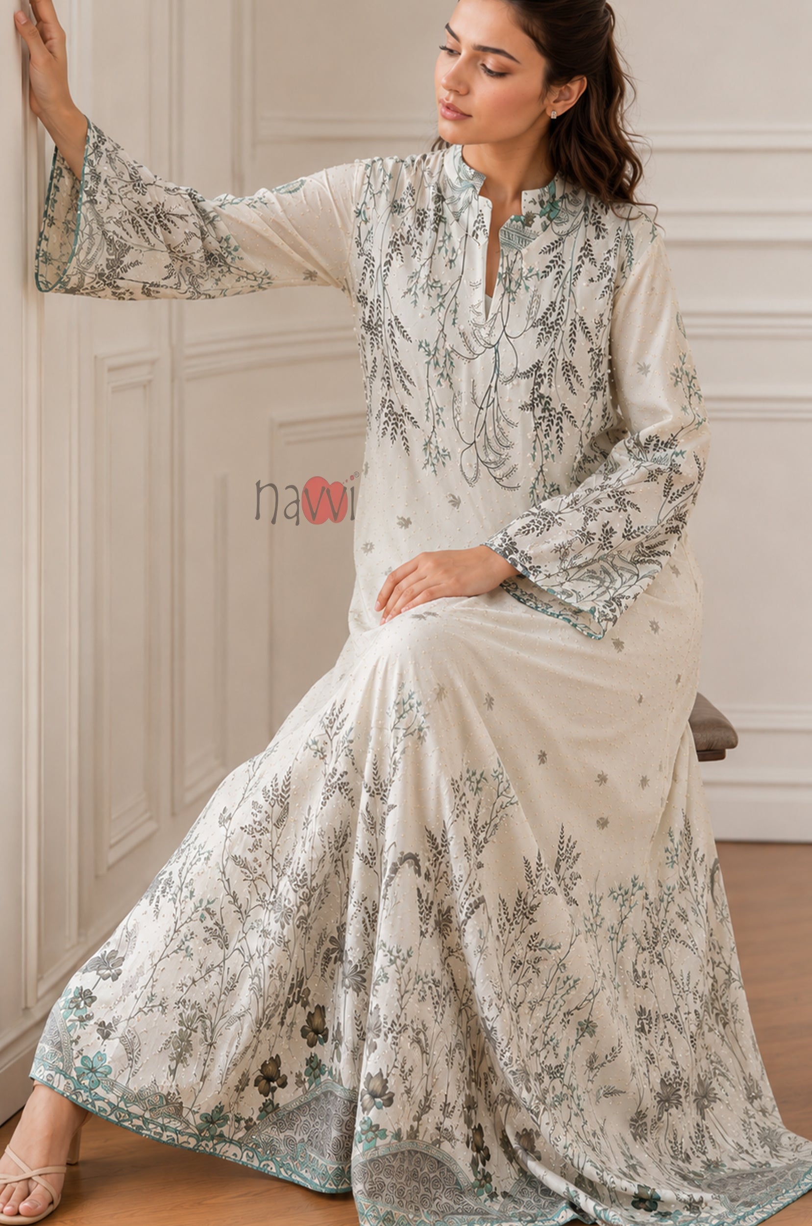 Ivory Whisper Botanical Elegance Kaftan Dress