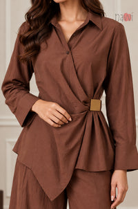 Brown Wrap Style Top With Brooch