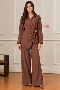 Brown Wrap Style Top With Brooch