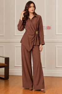 Brown Wrap Style Top With Brooch
