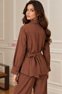 Brown Wrap Style Top With Brooch