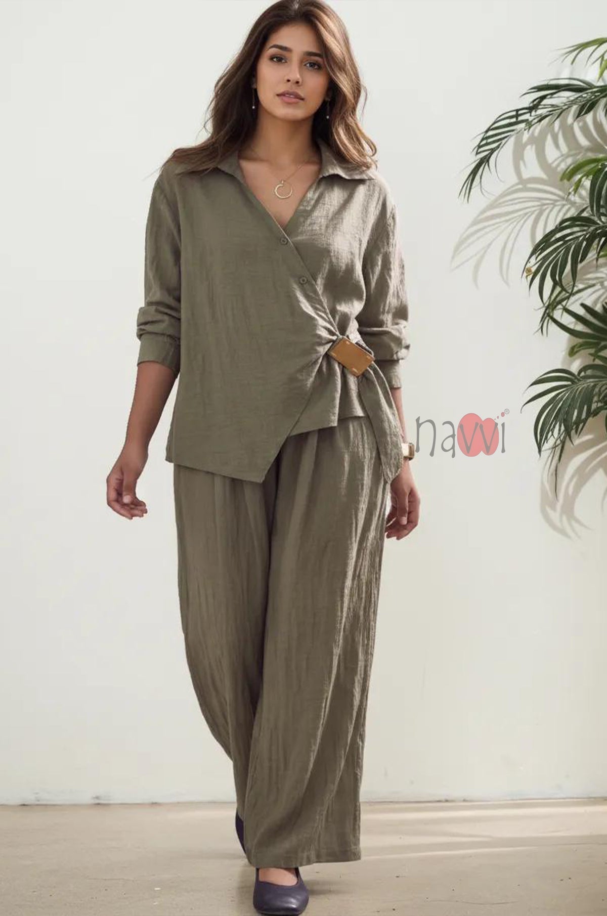 Olive Wrap Style Top With Brooch