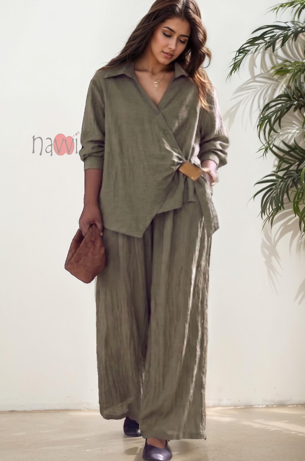 Olive Wrap Style Top With Brooch