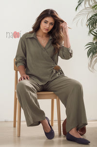 Olive Wrap Style Top With Brooch