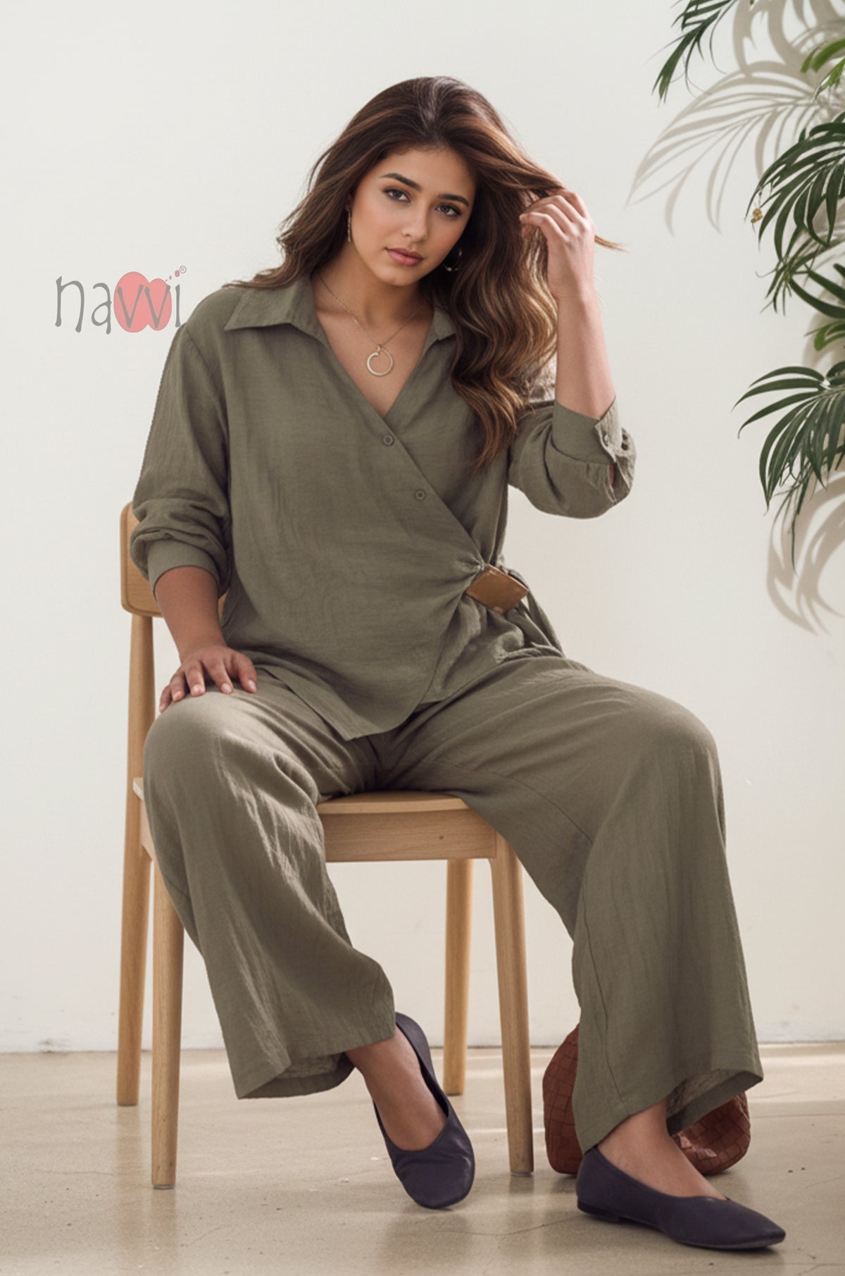 Olive Wrap Style Top With Brooch