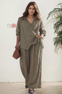 Olive Wrap Style Top With Brooch