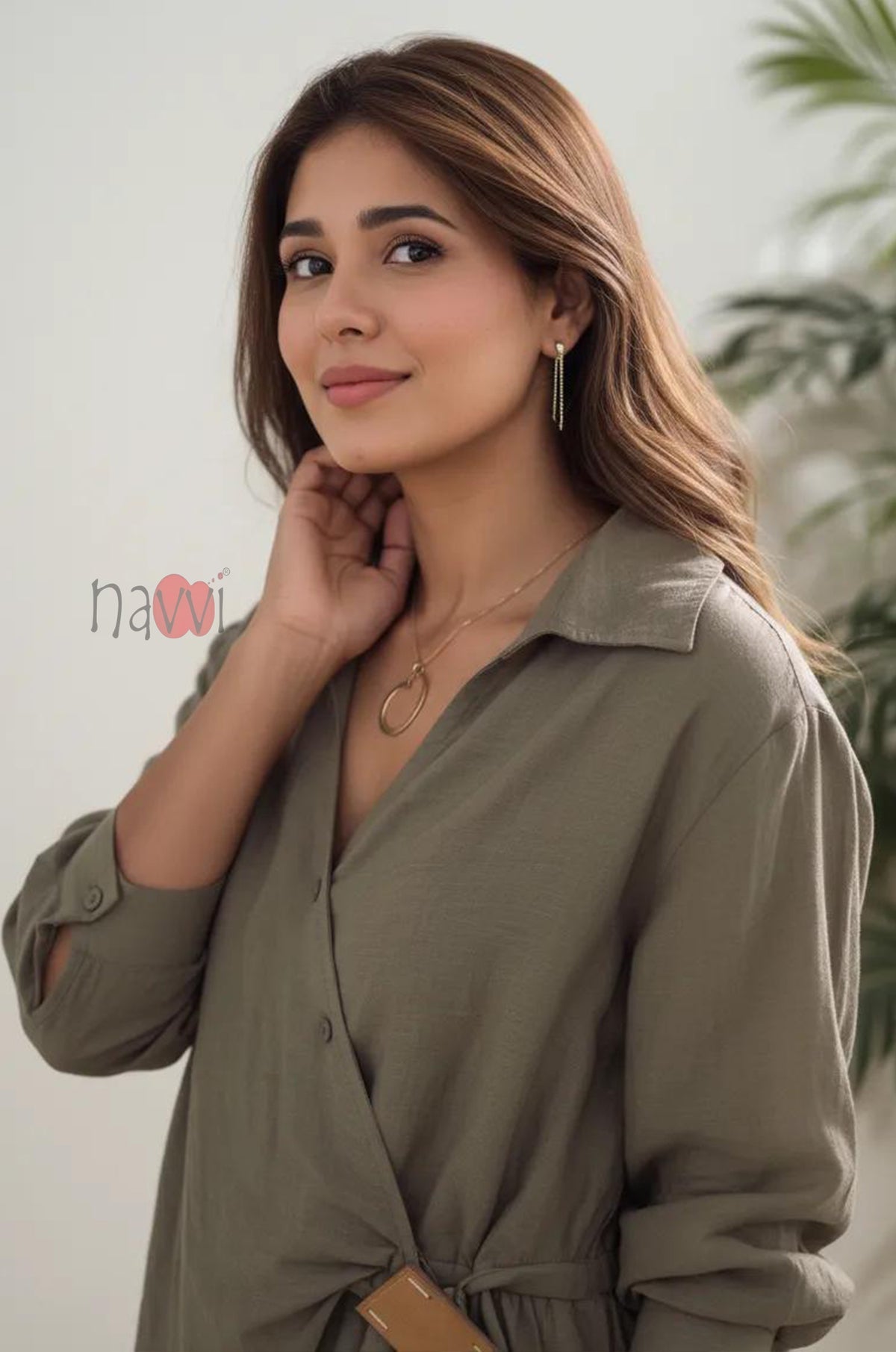 Olive Wrap Style Top With Brooch
