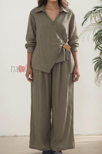 Olive Wrap Style Top With Brooch