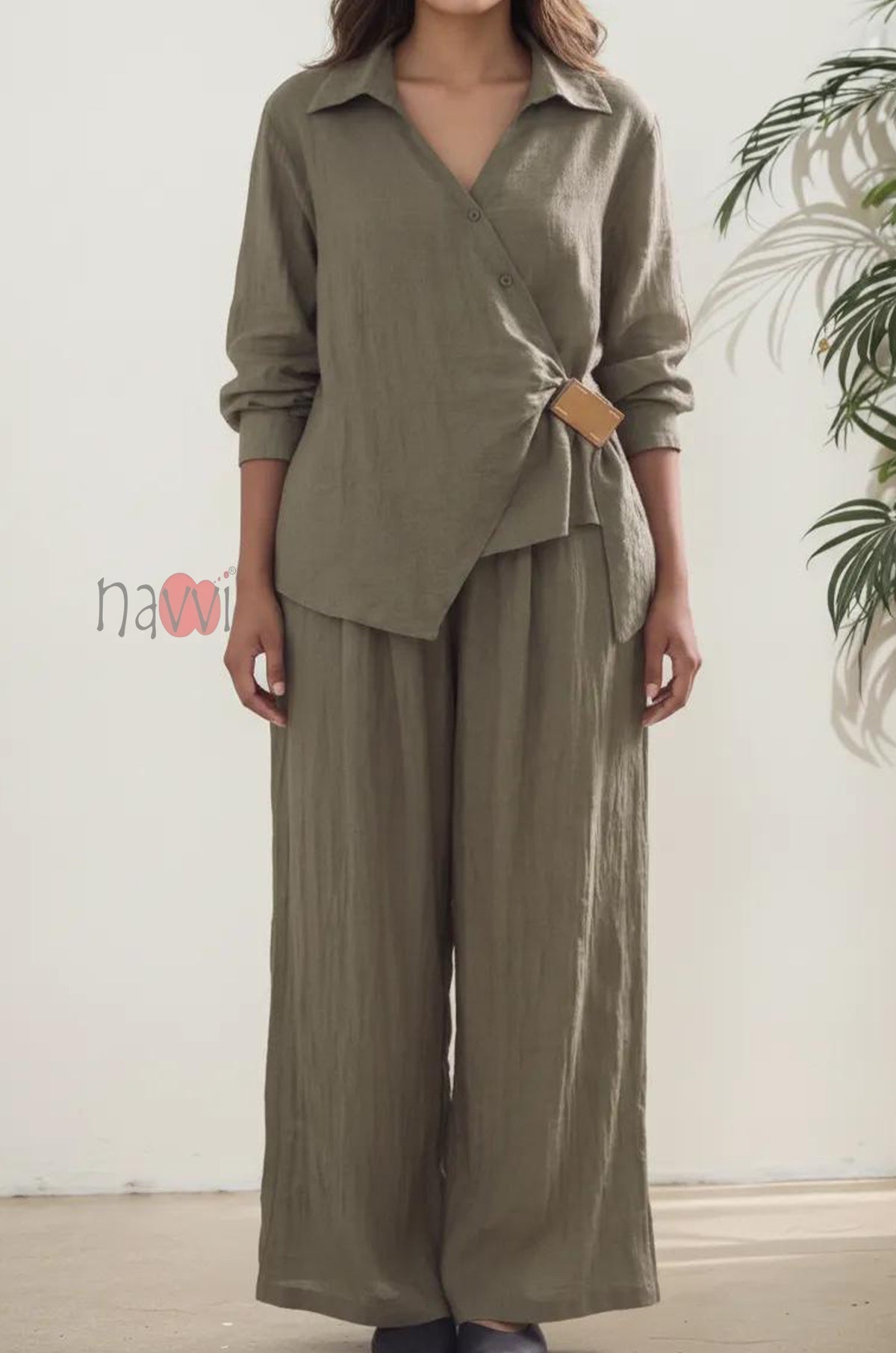 Olive Wrap Style Top With Brooch