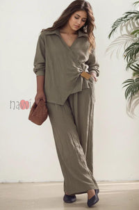 Olive Wrap Style Top With Brooch