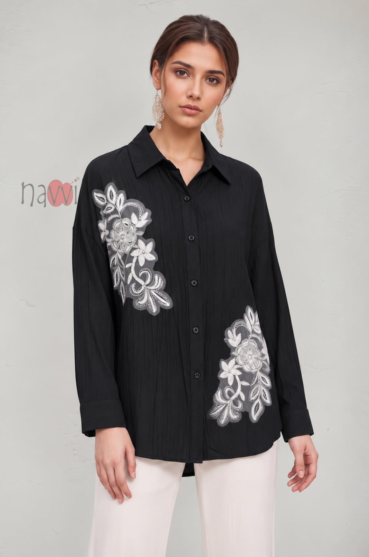 Floral Appliqué Button-Down Shirt