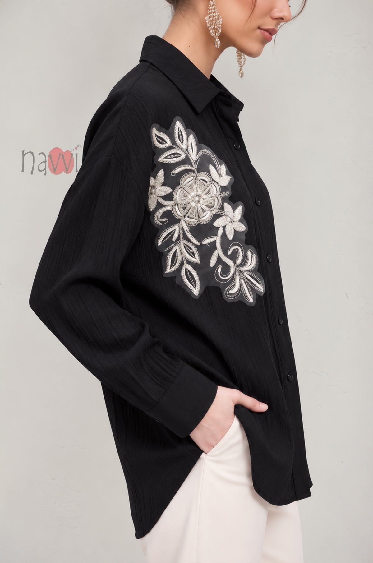 Floral Appliqué Button-Down Shirt