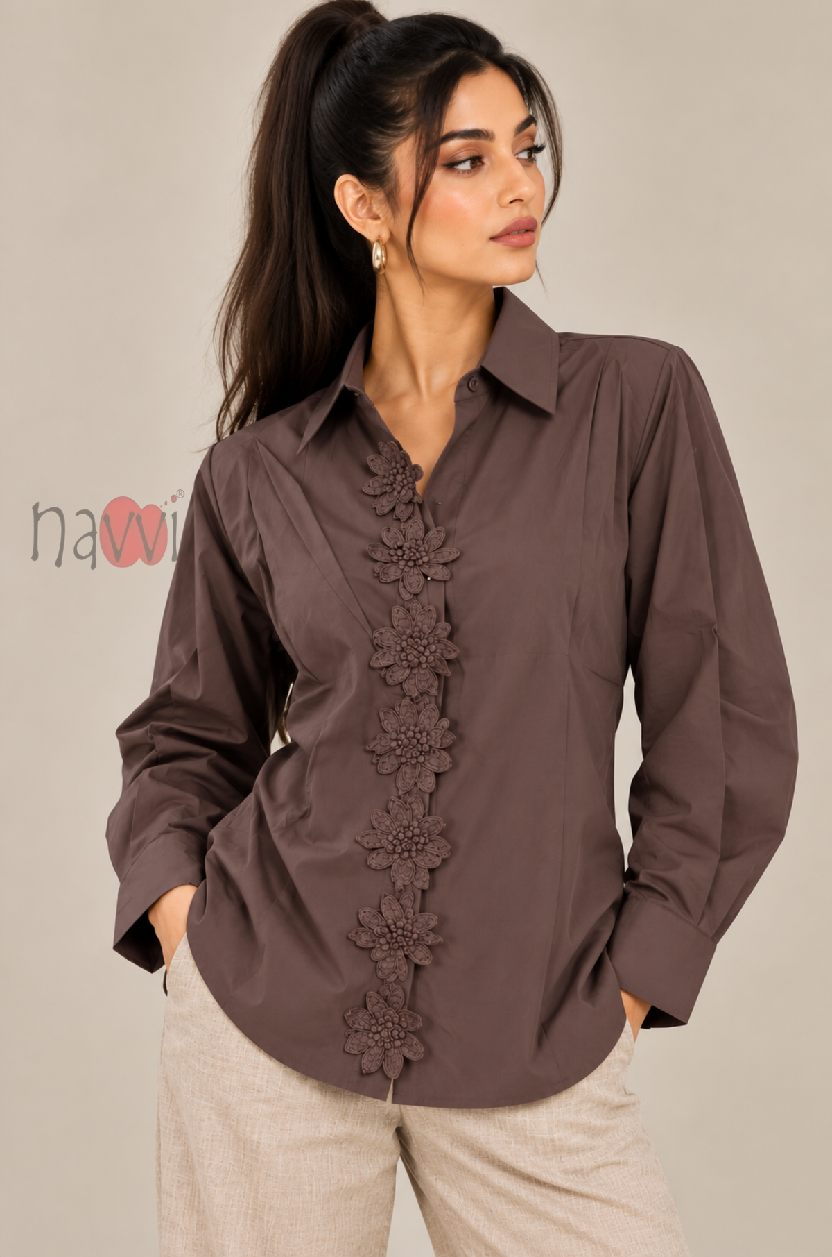 Brown Floral Applique Shirt