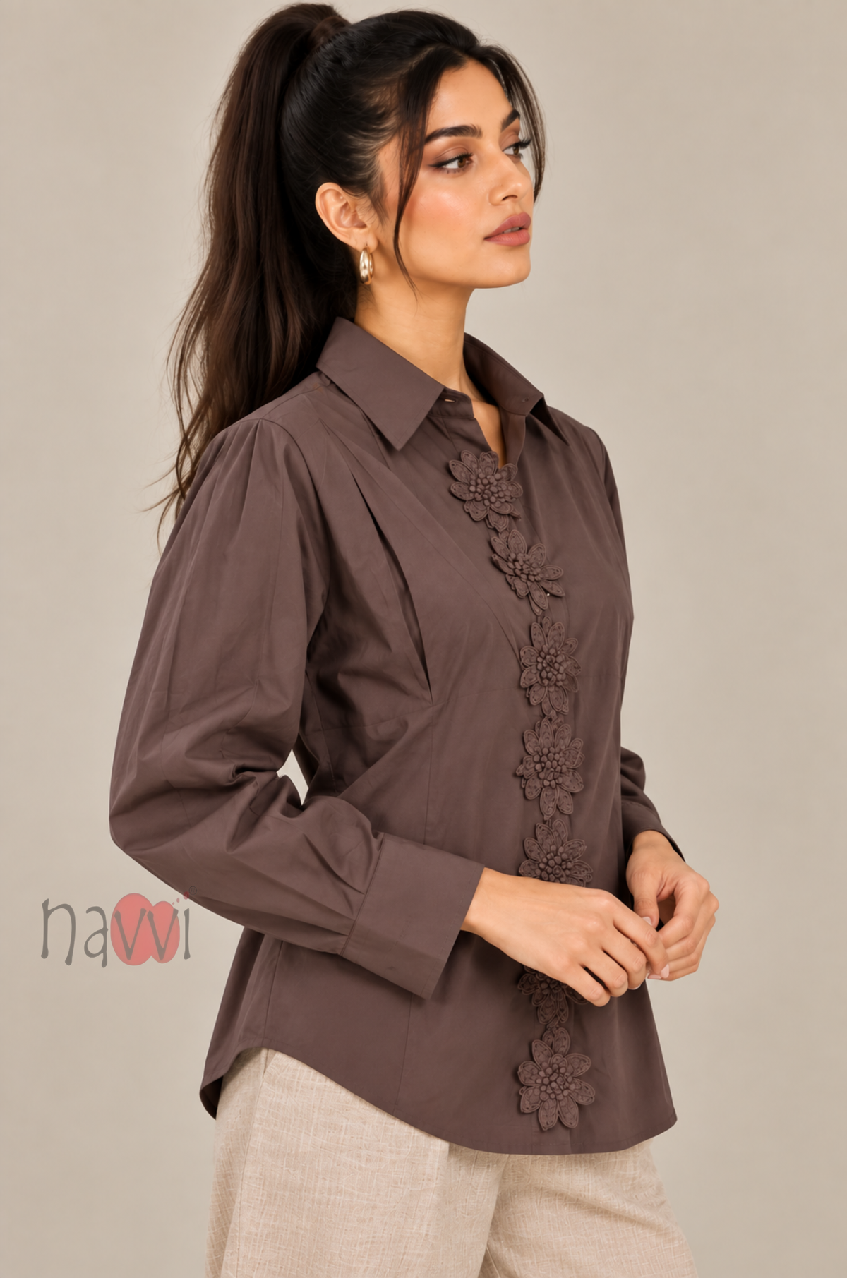 Brown Floral Applique Shirt