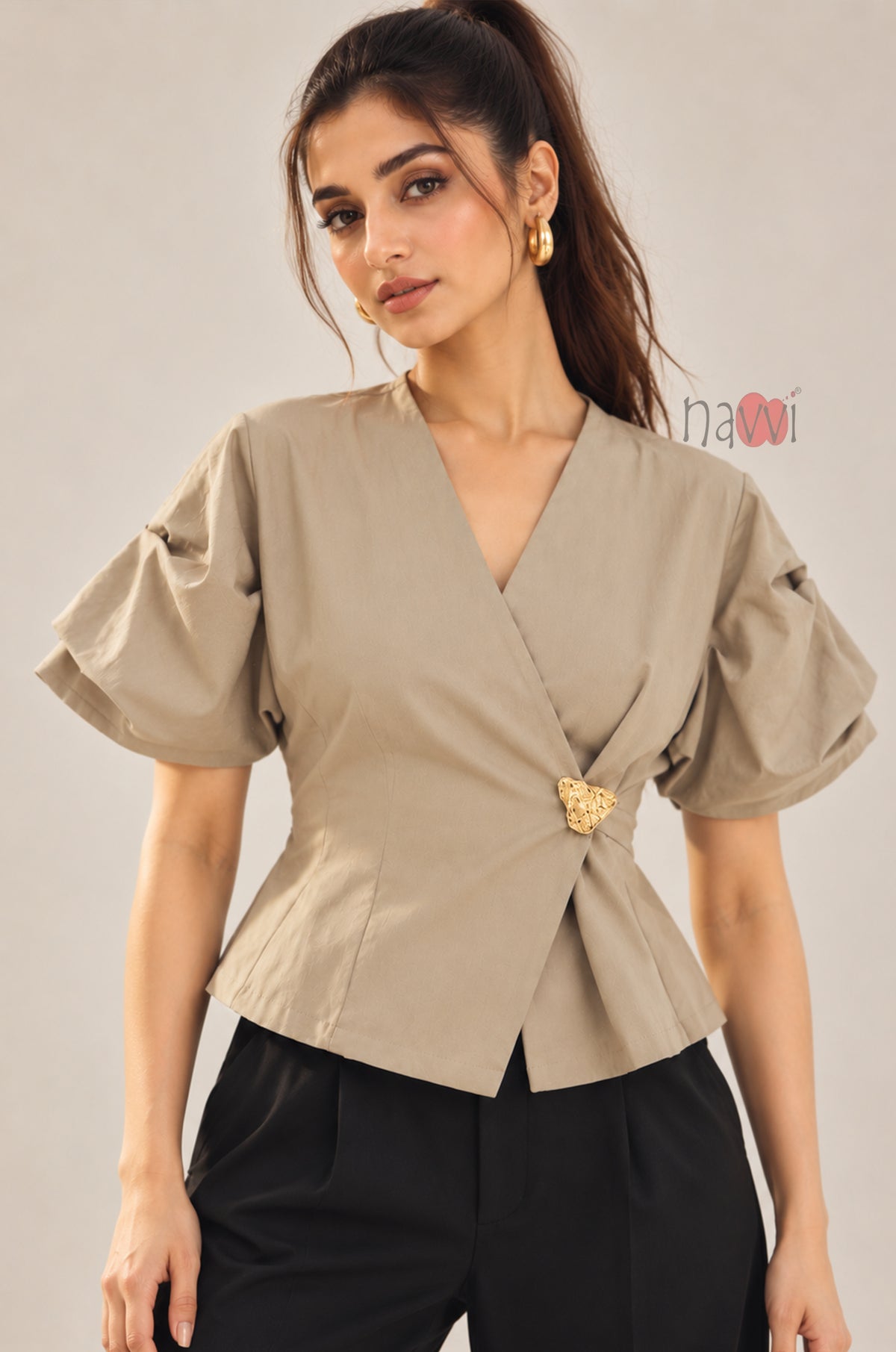 Beige Muse Top with Brooch
