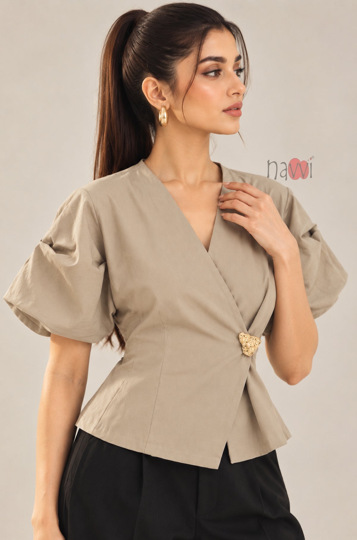 Beige Muse Top with Brooch