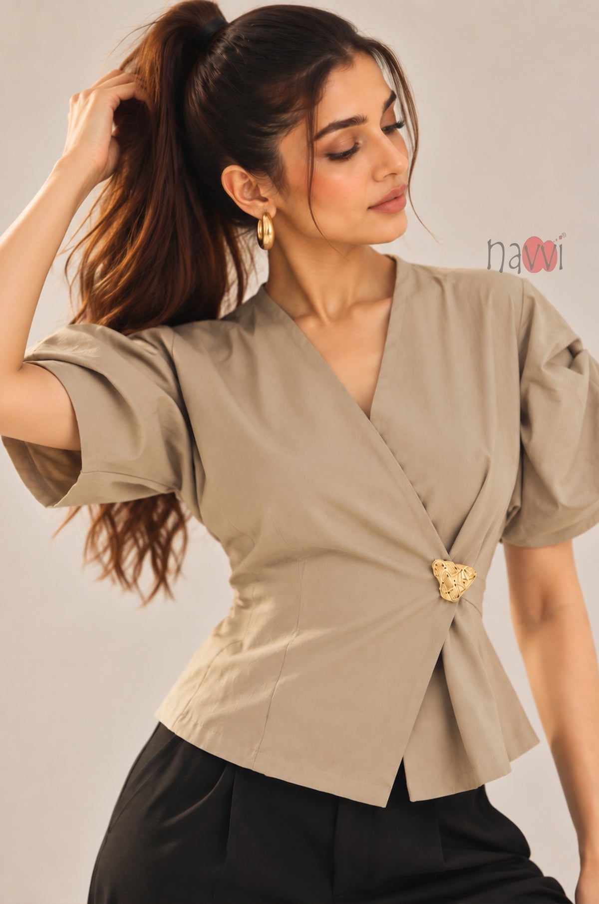 Beige Muse Top with Brooch