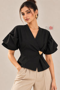 Black Wrap Style Top With Brooch