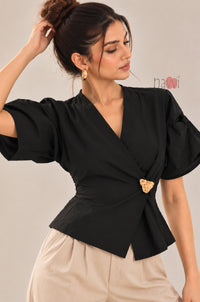 Black Wrap Style Top With Brooch