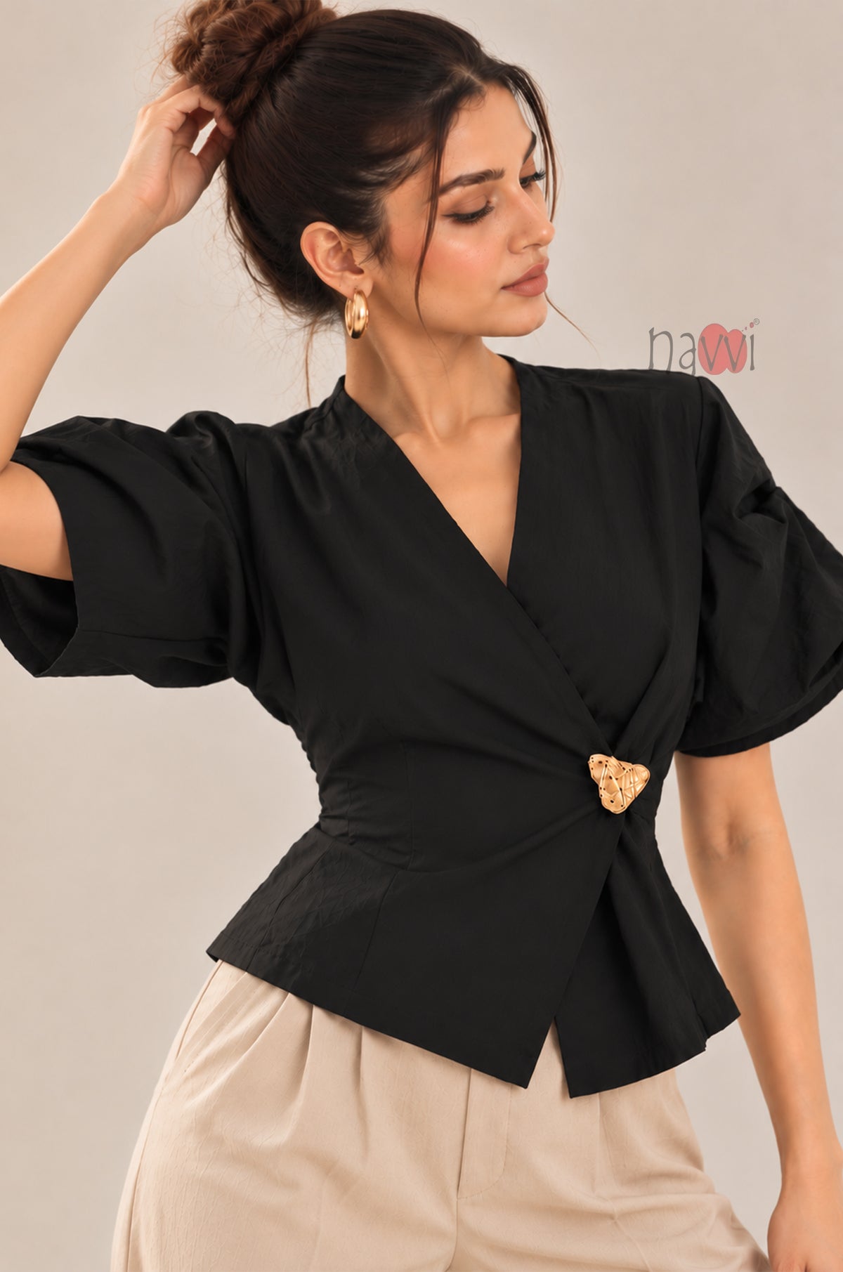 Black Wrap Style Top With Brooch
