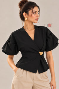 Black Wrap Style Top With Brooch