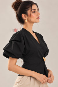 Black Wrap Style Top With Brooch
