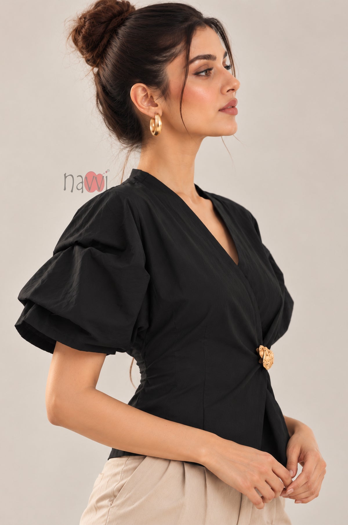 Black Wrap Style Top With Brooch