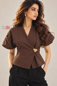 Cocoa Muse Top with Brooch