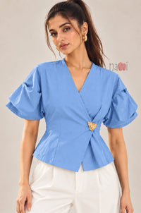 Sky Blue Wrap Style Top With Brooch