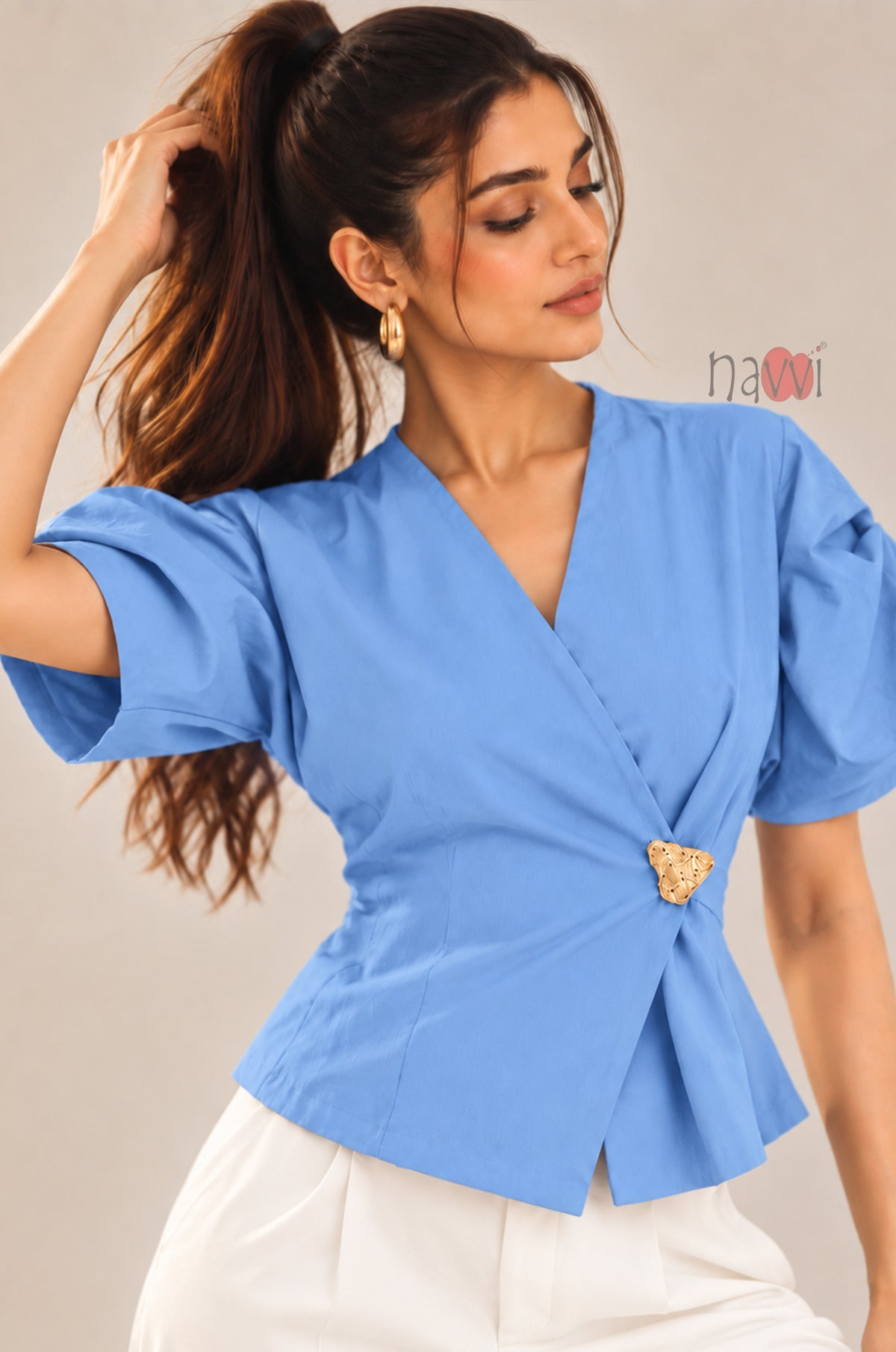Sky Blue Wrap Style Top With Brooch