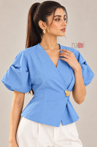 Sky Blue Wrap Style Top With Brooch