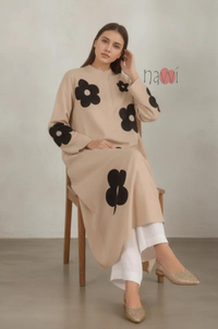 Beige Floral Printed Long Kurta