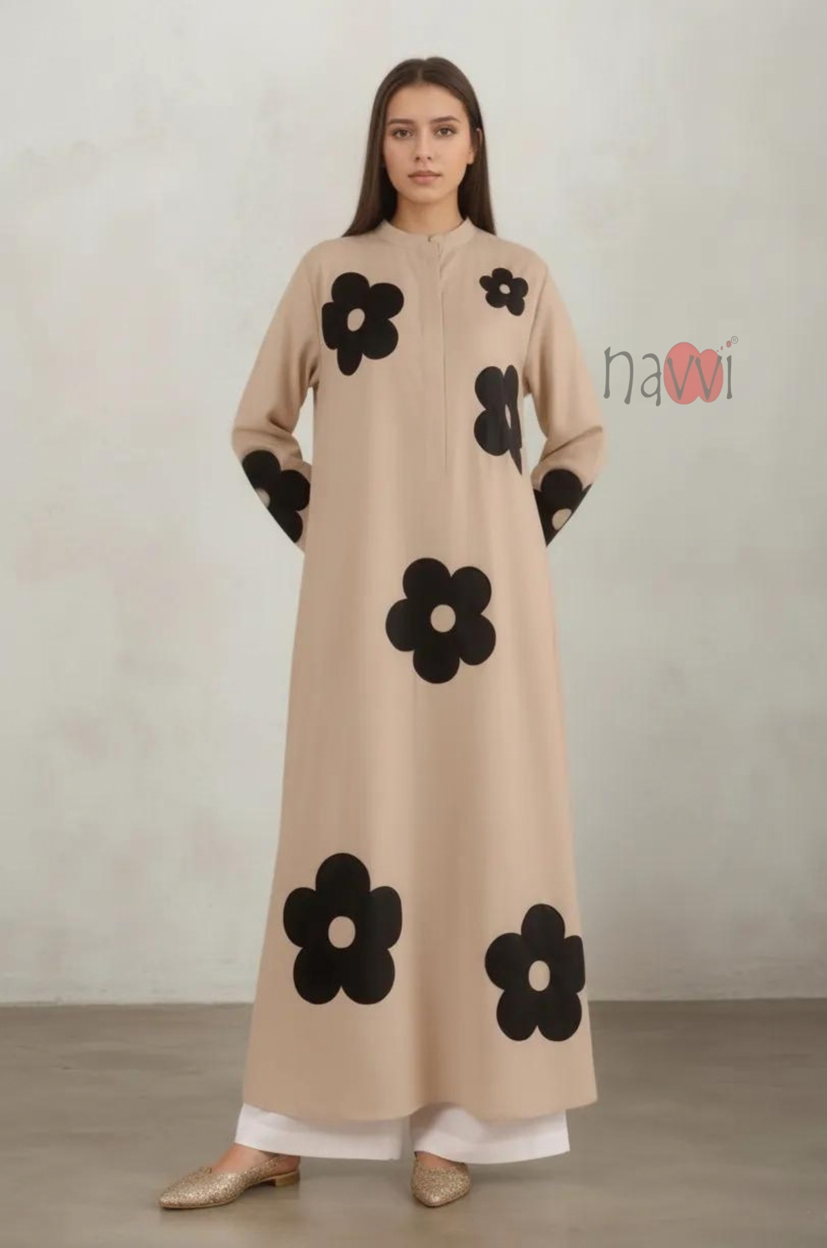 Beige Floral Printed Long Kurta