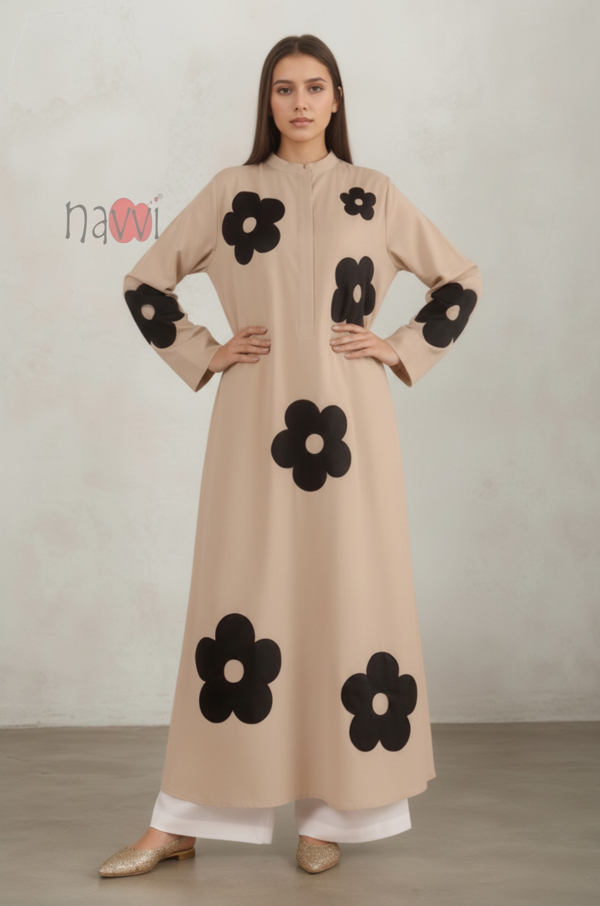 Beige Floral Printed Long Kurta