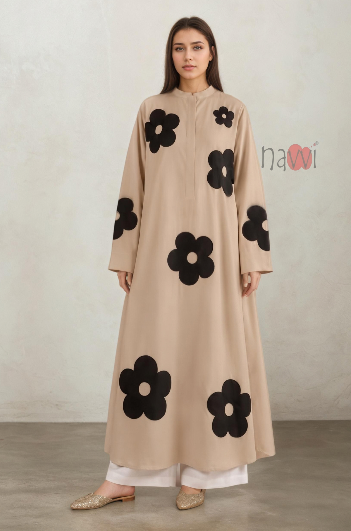 Beige Floral Printed Long Kurta