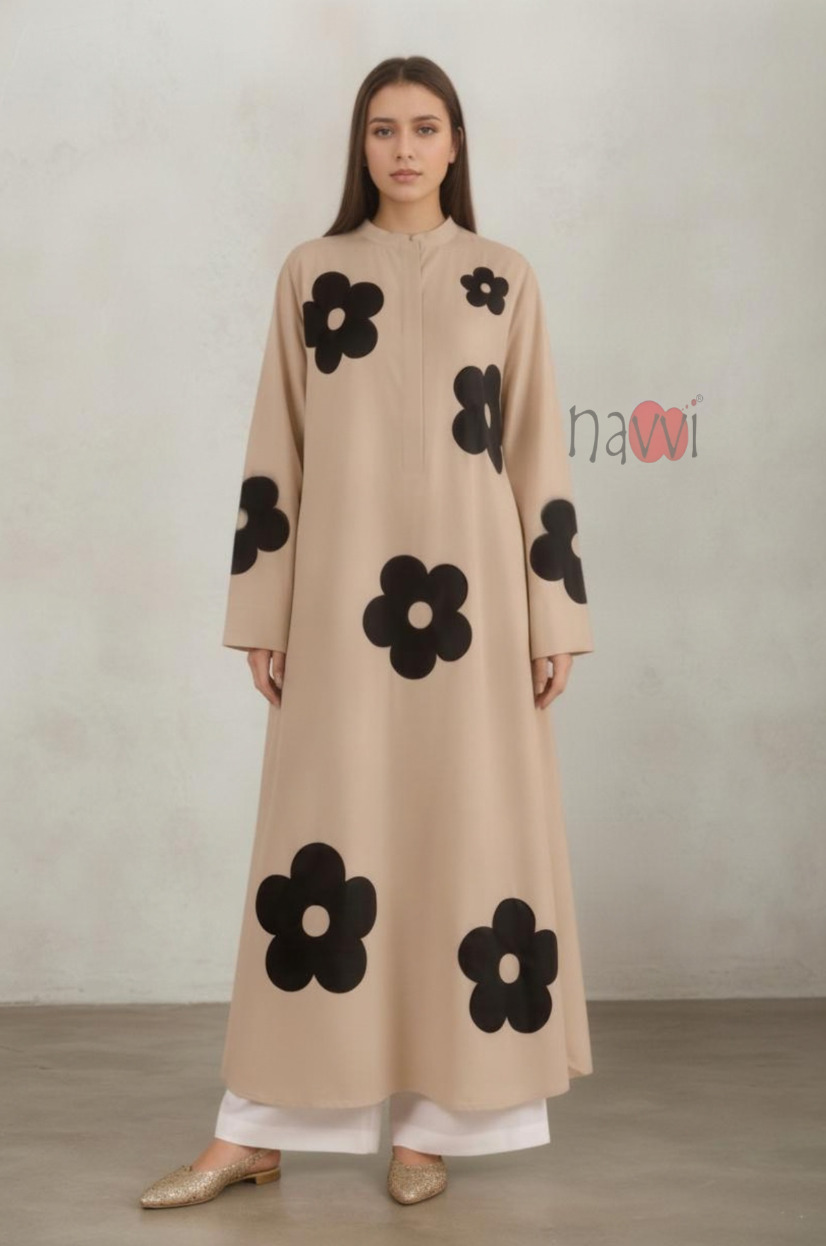 Beige Floral Printed Long Kurta